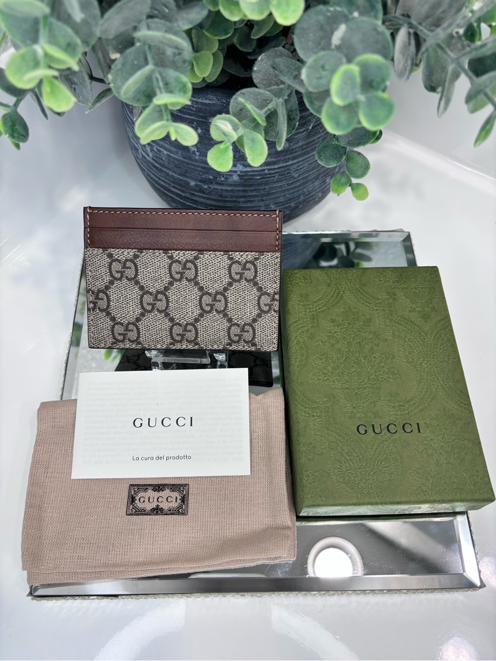 Gucci Brown GG Supreme Canvas Card Case with Leather Trim